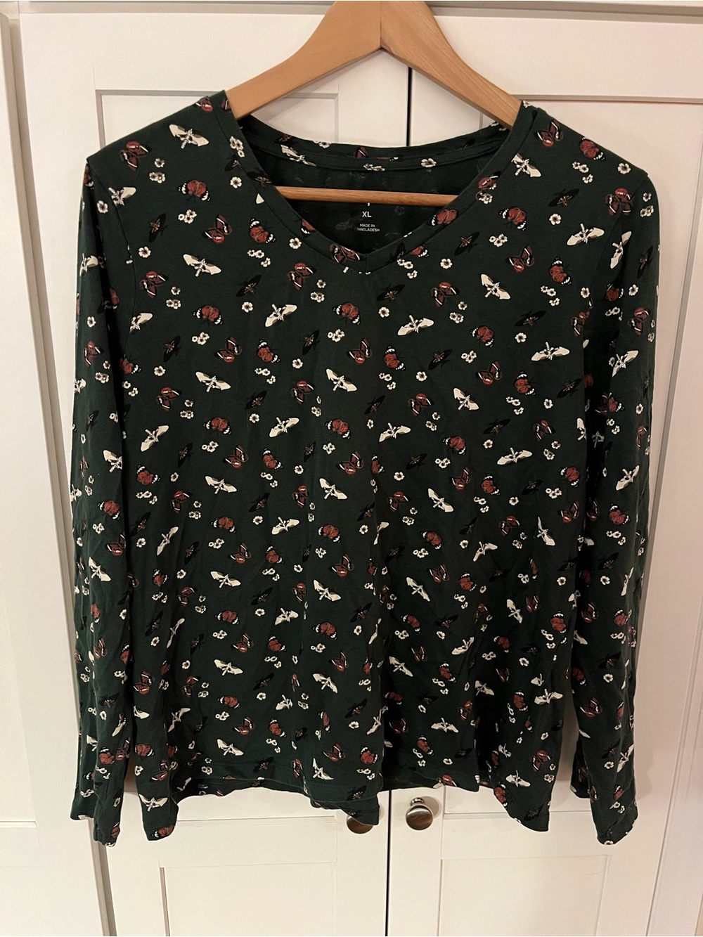 dip Dark Green V-Neck Long Sleeve Top cotton with Floral & moth Motif